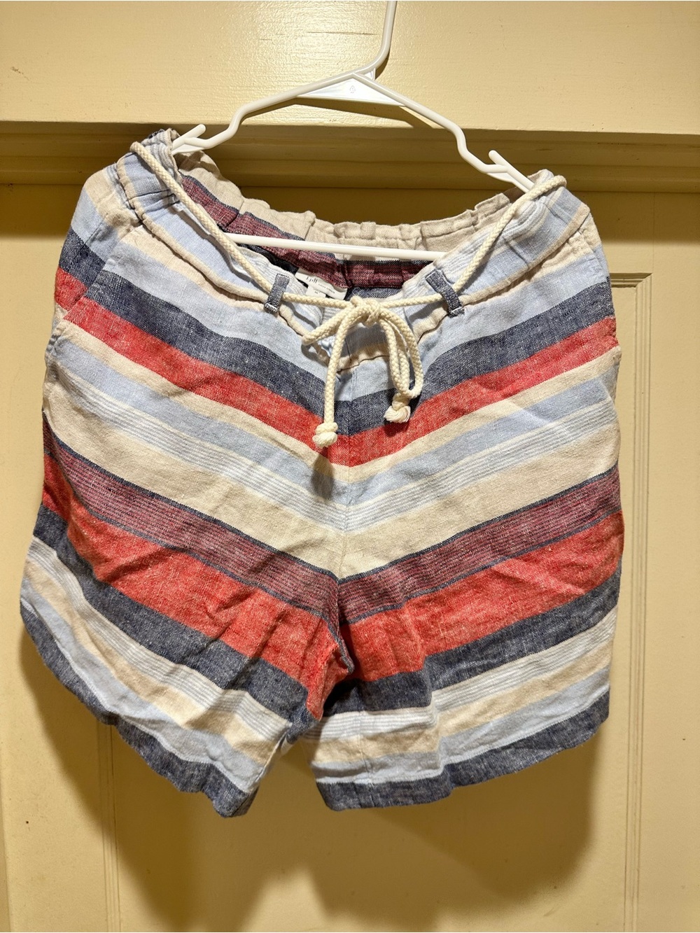J. Jill Red, Blue, Cream Striped Drawstring  Linen shorts size medium